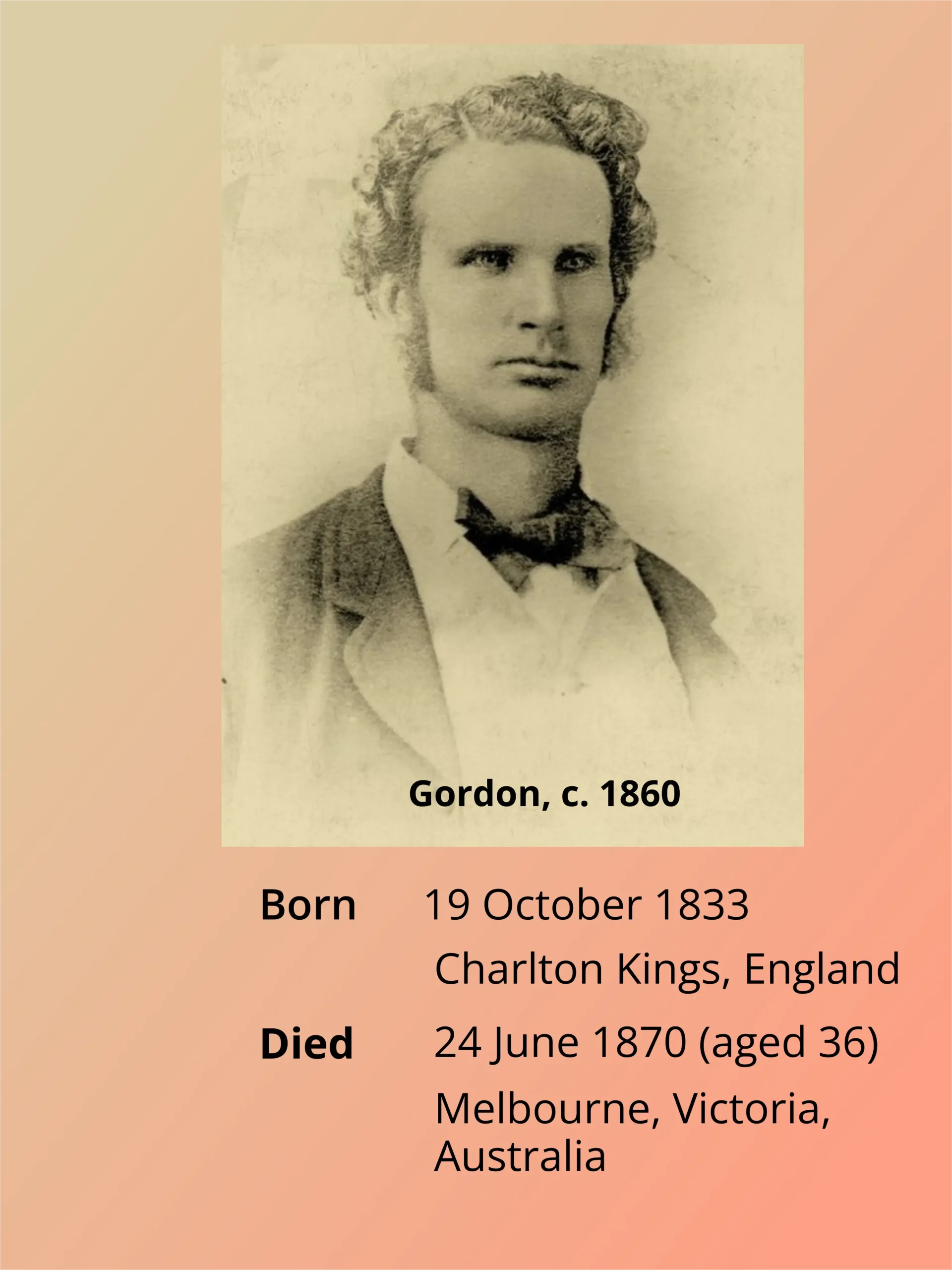 Adam Lindsay Gordon image, including his birth and death.