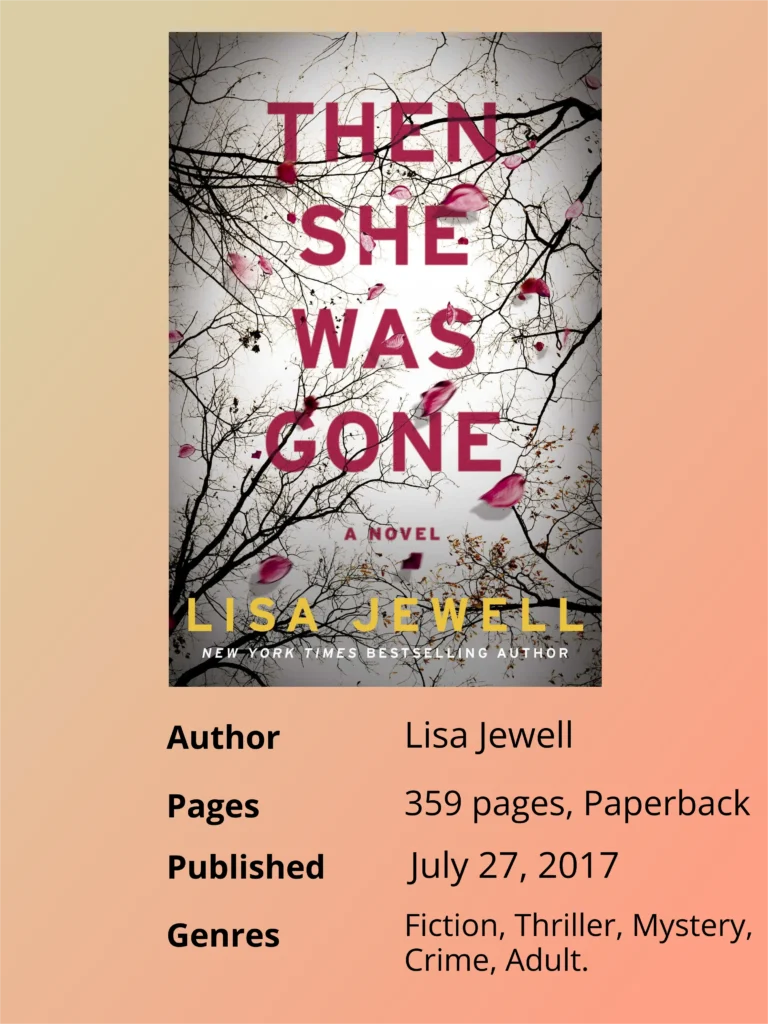 Infographic featuring details about then she was gone book by Lisa Jewell, including the author’s name, published date, genre, and number of pages.